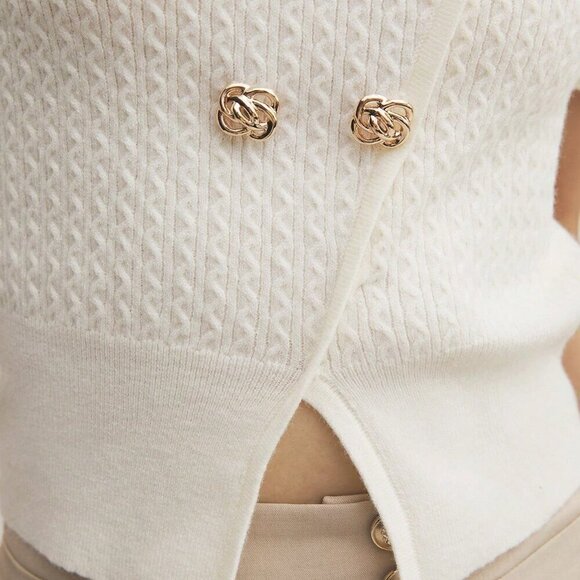 Apricot Casual Women's Stretchy Color Knitted Top With Flower Buckle - Picture 4 of 8